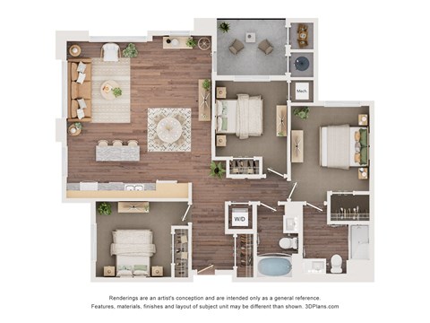 Floor plan for 3 beds, 2 baths, 1279 sqft